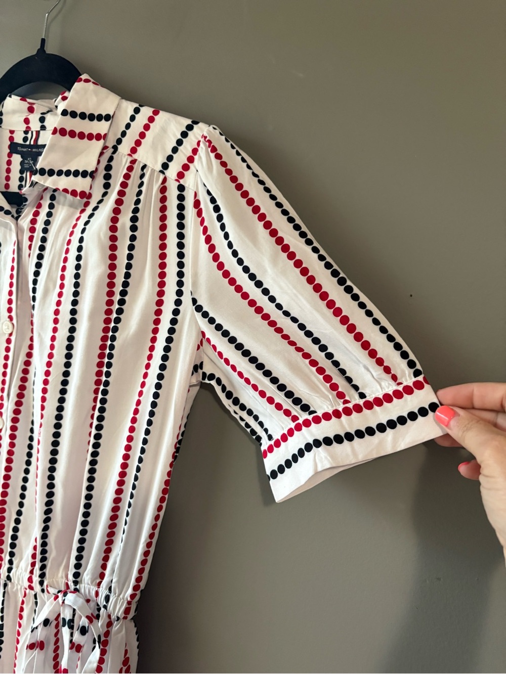 Tommy Hilfiger Striped Shirt Dress XS Red Black White Tie Waist - Picture 7 of 9